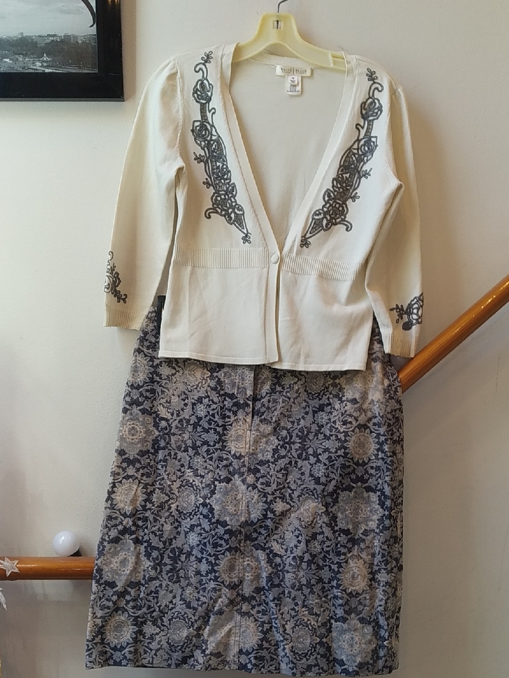 White House Black Market Sweater & Navy and Cream Floral Medallion Midi Skirt